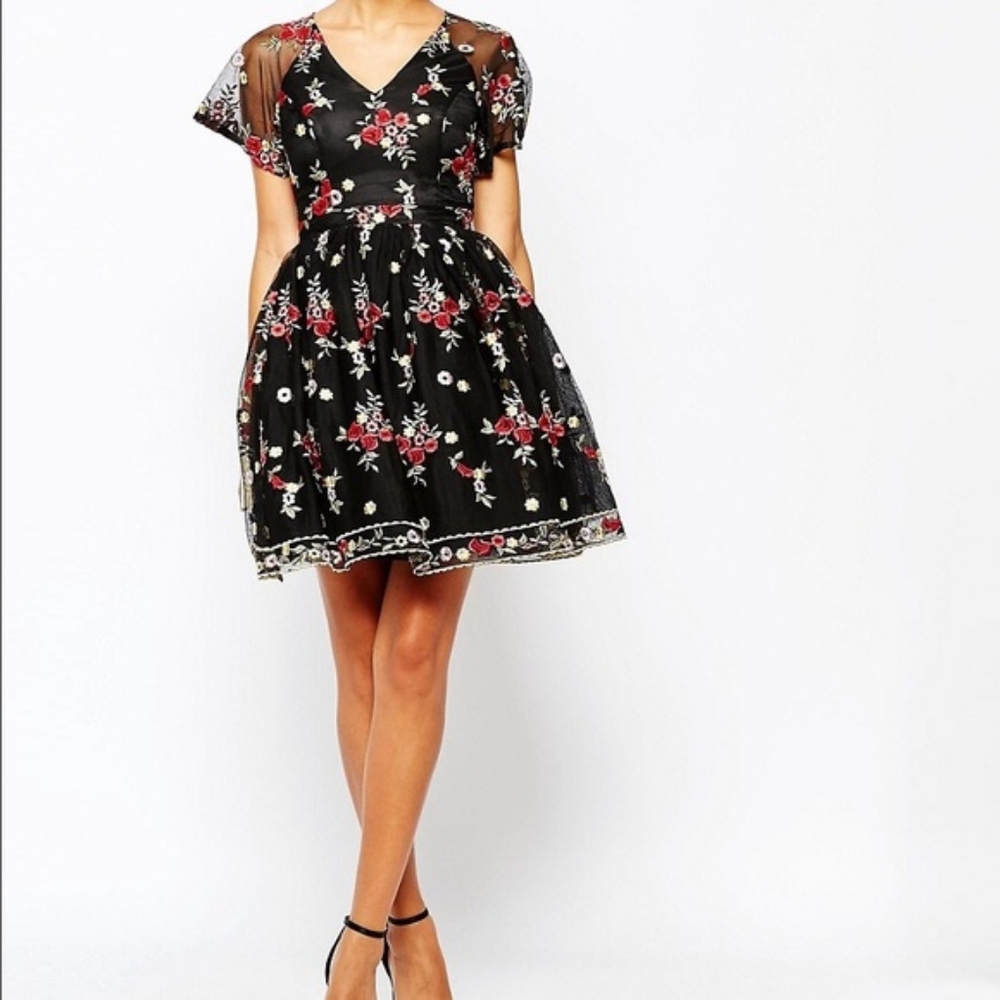 Chi Chi London Petite All Over Folk Floral Embroidered Skater Dress